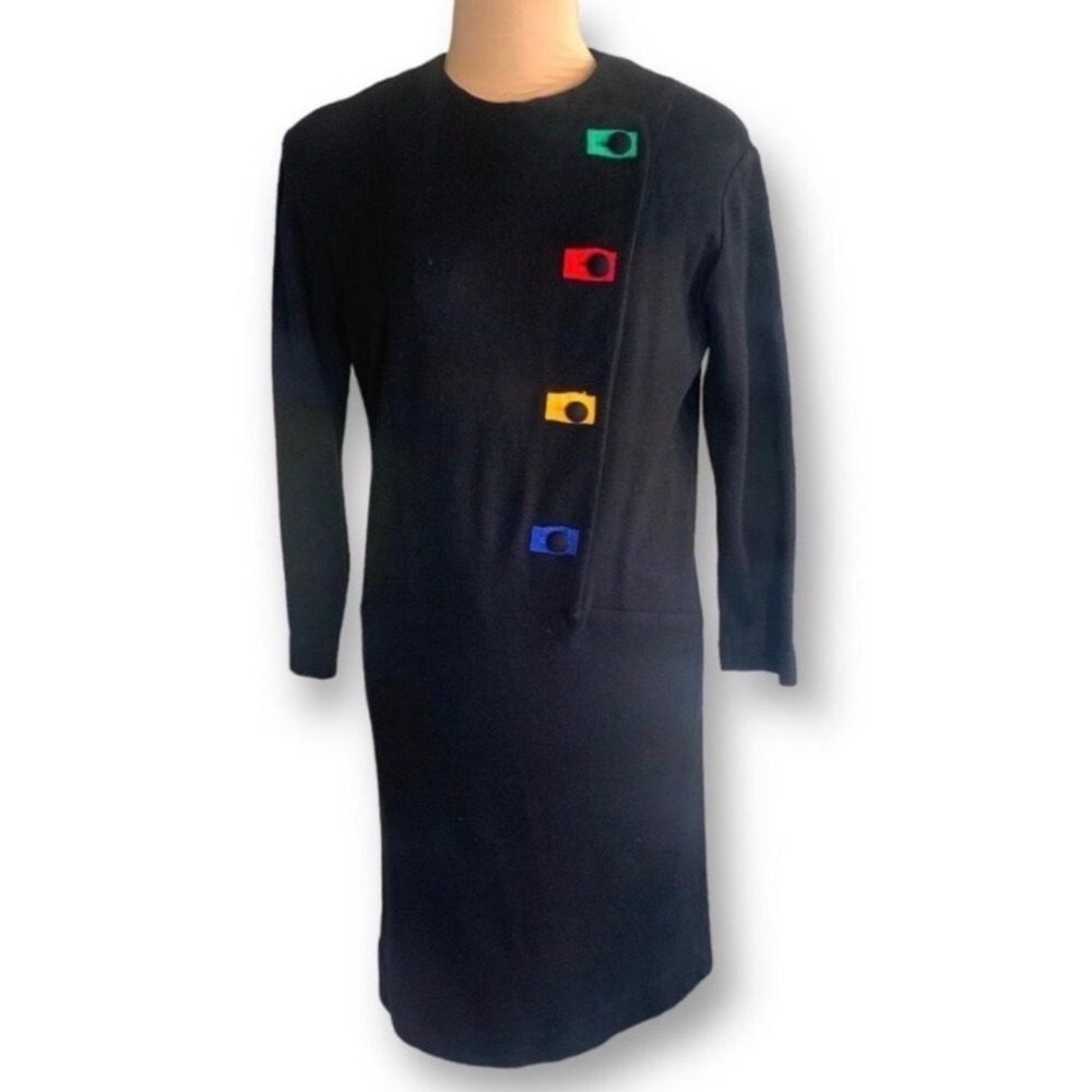 Vintage Black Mod Shift Dress Multicolor Geometric Button Artsy Avant Garde